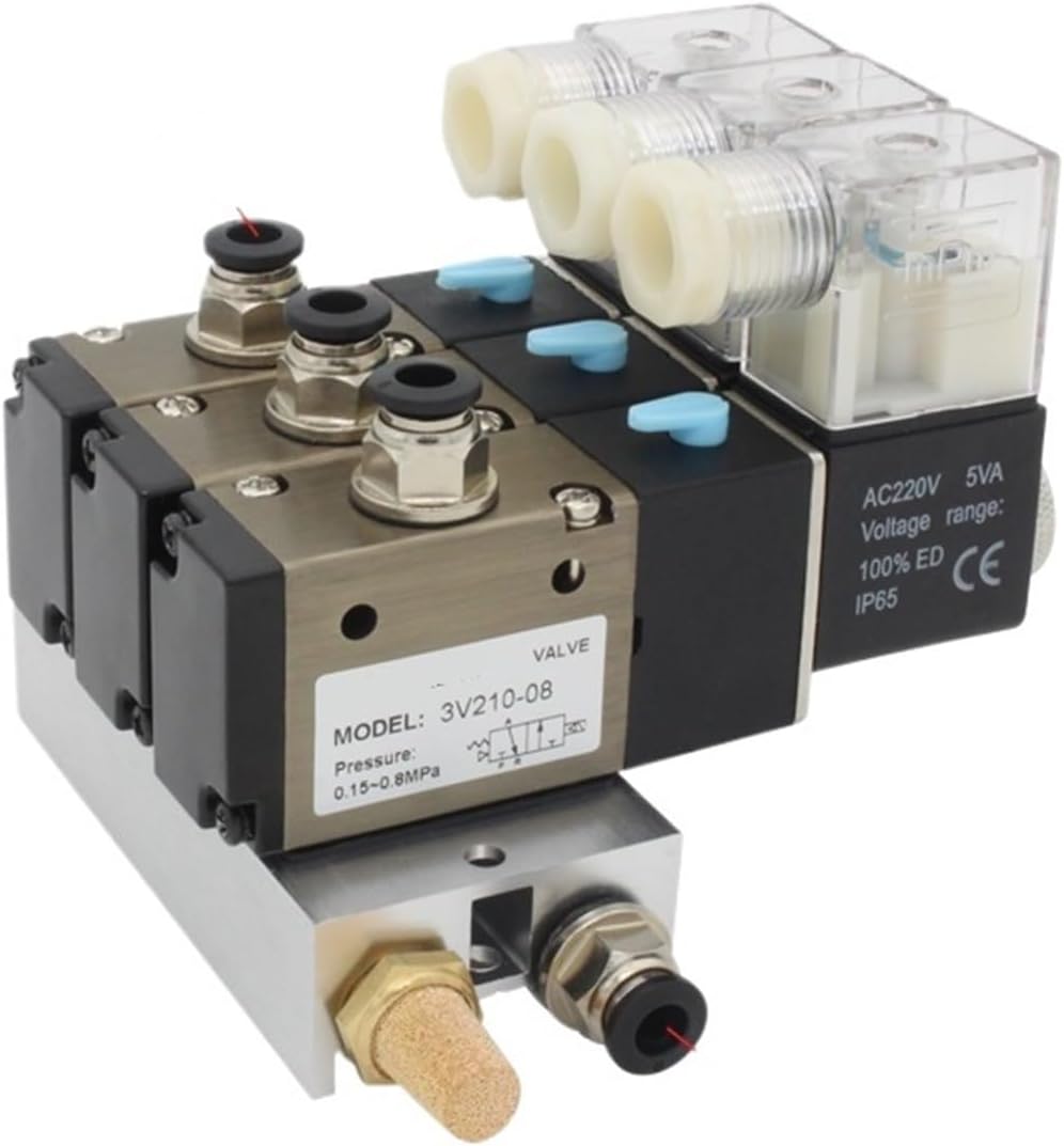 3V310-10-NC normally closed solenoid valve block with silencer accessories base manifold DC12v 24v AC110v 220v 3 ports(AC220V 6mm fittings,6 Stations)