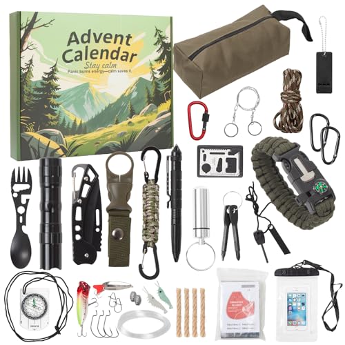 Kit de sobrevivência calendário do advento 2025 para homens adultos 24 dias de Natal ferramentas de sobrevivência presentes de natal presentes surpresa para aventuras ao ar livre