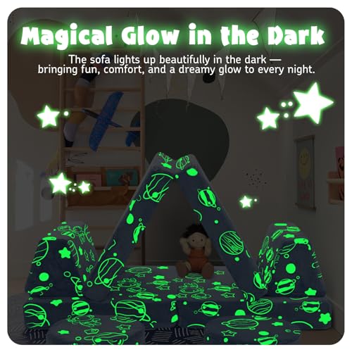 MeMoreCool Modular Glow Sofa for Kids – 8-Piece Foam Play Couch Set, Space-Themed Celestial Patterns | Convertible Play Fort & Bed | Glows in The Dark