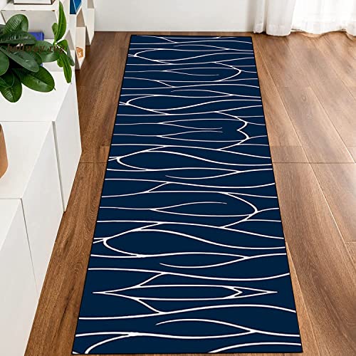 Tapis de couloir moderne lavable et antidérapant bleu 100x350 cm