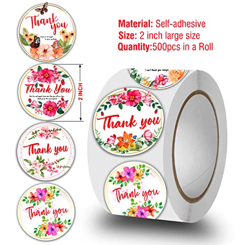 500Pcs 2 Inch Thank You Stickers For Small Business With 4 Floral Designs For Greeting Cards Flower Bouquets, Self-Adhesive & Waterproof Stickers For Packaging, Gift Wraps Envelope Seals #TOP1