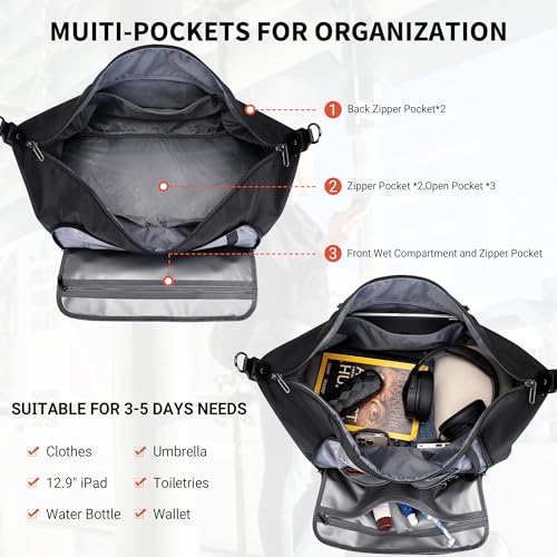 WITZMAN Travel Duffle Bags for Men Weekender Bags with Toiletry Bag Sets Carry On Overnight Bag 55L （B696 Black）3