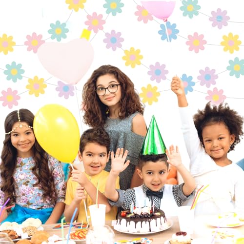 Image of Pasimy 8 Pcs Daisy Boho Party Decorations Groovy Daisy Paper Garlands White Flower Hanging Garland Banner Hippie Flower Cutouts for Birthday Shower Wedding Party Favor Supplies(Groovy,Pastel)