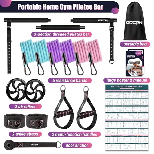 Pilates Bar Kit with Resistance Bands, Multifunctinal Exercise Bar with Ab Roller for Yoga/Abs/Weight Loss, Portable Home Gym Pilates kit for Full Body Training Women - Black
