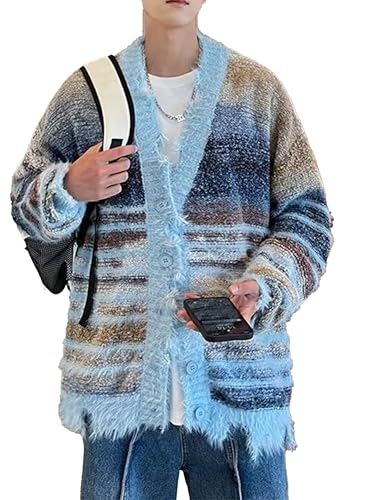 Men's Cardigan Rainbow Striped Knit V-neck Button Muticolor Fashion Placket Knit Sweater Y2K Colorful Top