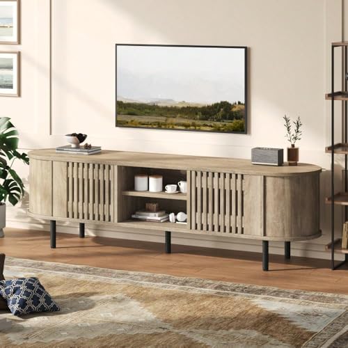 Soporte de TV bajo 160x40x47 cm - 2 puertas caladas de madera, color natural, 5 pies - Puede llevar un televisor de hasta 65 pulgadas (165 cm)