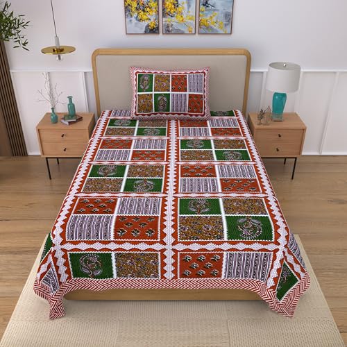 Image of 100% Cotton Single Bedsheet with 1 Pillow Cover | 240 TC Pure Cotton Flat Bed Sheet | Traditional Jaipuri Printed Bedding Set | Soft & Breathable | 60 x 90 Inch (Rangmahal Single 63)