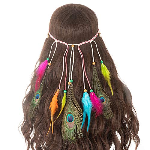 Preisvergleich Produktbild LONGBLE Damen Stirnbänder Frauen Feder Quasten Gürtel Haarbänder Haarband kostüm Haarschmuck Kopfschmuck Einstellbar Haarband Hippie Boho Indianer Stirnband Mit Holzperle Haarschmuck