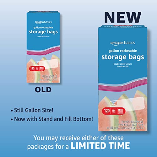 Image of Amazon Basics Reclosable Gallon Food Storage Bags with Double Zipper Seal, Stand and Fill Base, BPA Free, 120 Count (Pack of 2)