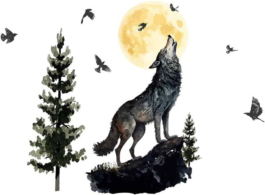 SUPERDANT Forest Animal Wall Sticker Self Adhesive Vinyl Watercolor Moon Night Wolf Wall Decor Wolves Home Wallpaper Stickers for Bedroom Living Room PVC Peel and Stick Decals DIY Decors