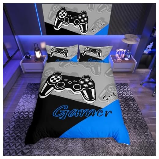 Gamer Juego de funda de edredón para niños, adolescentes, juego de ropa de cama y juego de ropa de cama de videojuegos para niños pequeños, 2 piezas, negro, azul y gris (individual)