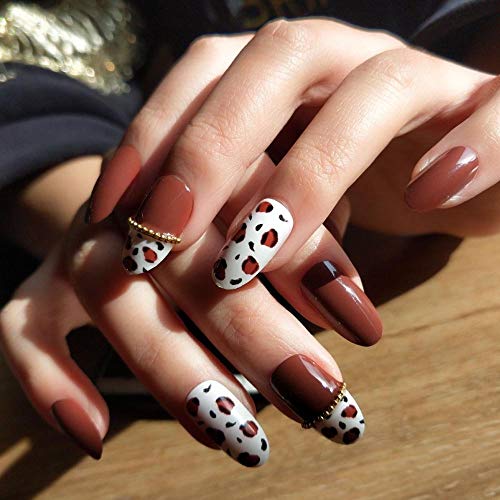 Poliphili 24Pcs Colorful False Nail Multitype Ballerina Long Full Cover Stiletto Shape Art Tips Different Pattern Applique Decoration (Maroon Leopard Chain)