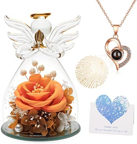 BIEVENIDE Preserved Flowers Mothers Day Glass Angel Gifts for Women Grandma Mom from Daughter Valentine Day Gifts for Mom Wife Her Orange Artificial Flowers in Glass Birthday Gifts for Mom