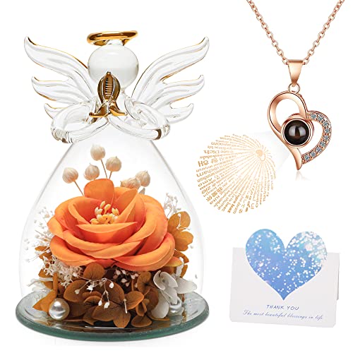 Bievenide Preserved Flowers Mothers Day Glass Angel Gifts For Women Grandma Mom From Daughter Valentine Day Gifts For Mom Wife Her Orange Artificial Flowers In Glass Birthday Gifts For Mom #TOP3