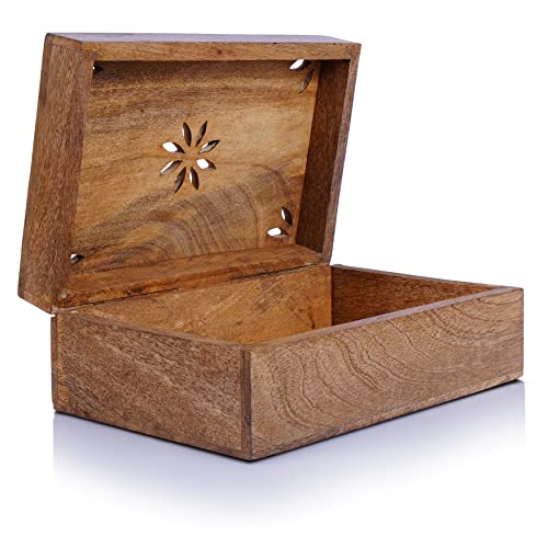 Mela Artisans Decorative Storage Box With Hinged Lid - Light Burnt, Large | 9” X 6” X 3.5” | Rustic Serena Style | Crafted From Mango Wood | Ideal For Keepsakes, Trinkets, Jewelry And More #TOP12
