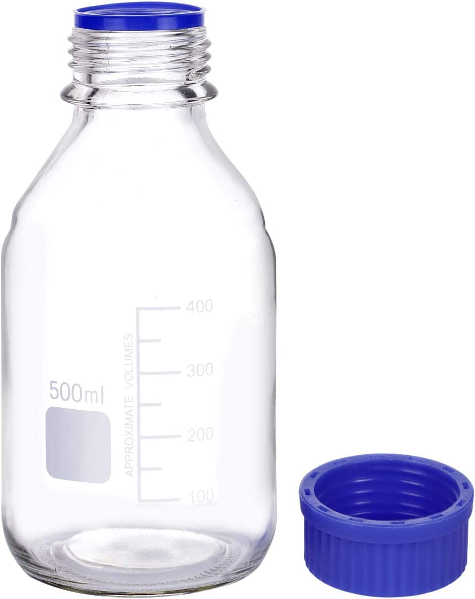 Lab Media Storage - Botellas redondas de vidrio graduado, GL45, tapón de rosca, a prueba de fugas, multiusos, para científicos, paquete de 8 (azul, 500 ml)