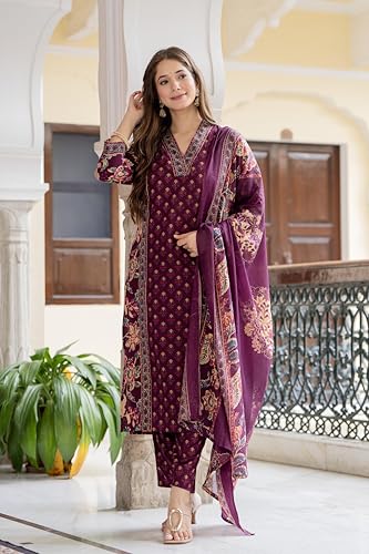Image of MEERA FAB Women's Cotton Blend Straight Printed Kurta with Palazzo & Dupatta