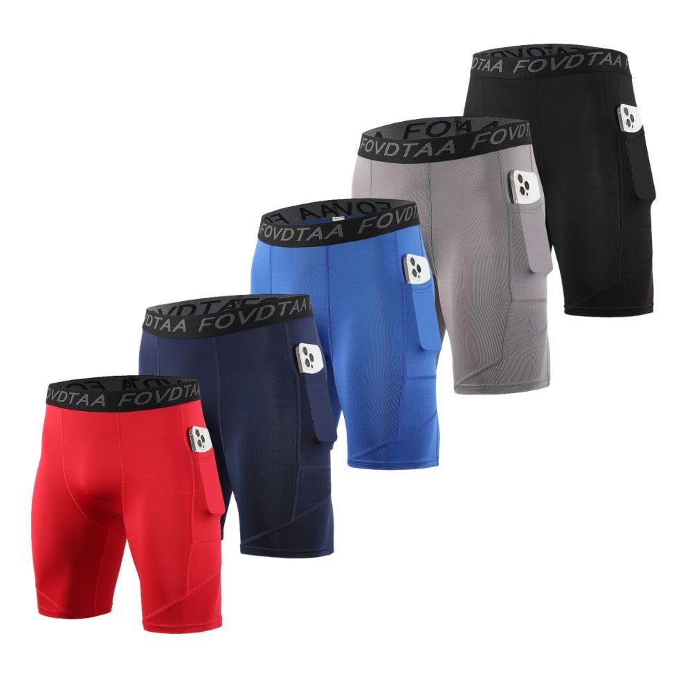 Lot de 5 shorts de compression pour homme, à séchage rapide, respirants, avec poche pour téléphone portable