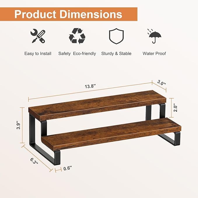 Image of 2-Step Wooden and Iron Spice Rack Organizer - Multipurpose Cabinet and Pantry Storage Solution, Space-Saving Countertop Spice Holder for Kitchen and Herbs