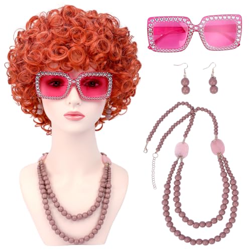 Image of Women Roper Curly Orange Red Cosplay Wig with Necklace Earrings and Sunglasses for Women Hallween Costume Wig