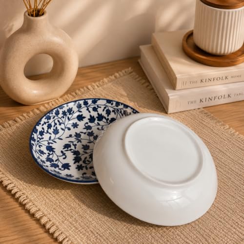 Image of Ceramic Pasta Plate, 20.4 cm Porcelain Dinner Plates, Microwave & Dishwasher Safe, Food Grade Ceramic, Deep Serving Plate for Pasta, Salad, Soup, Curry & Noodles (Blue Floral Vine Pattern, PACK OF 4)