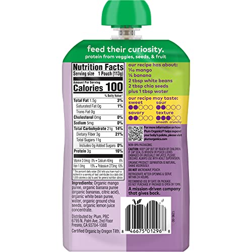 Plum Organics | Mighty Protein & Fiber | Organic Baby Food Meals [12+ Months] | Mango, Banana, White Bean, Sunflower Seed Buttter & Chia | 4 Ounce Pouch (Pack Of 12) #TOP28