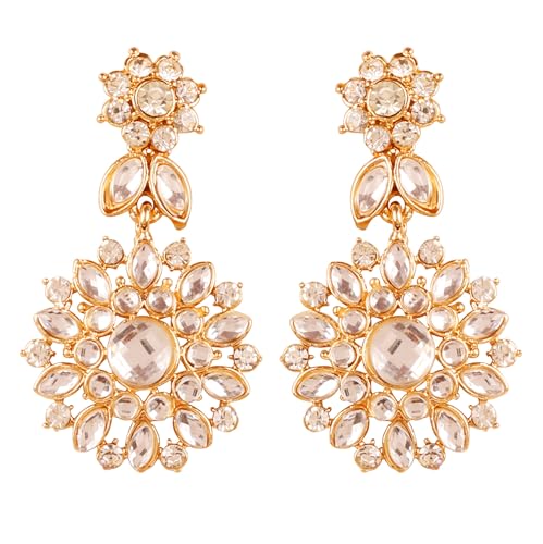 Touchstone Indian Bollywood Glamorous Handcrafted Mughal Inspired Kundan Polki Look Rhinestone Designer Jewelry long Earrings In Gold Tone For Women.