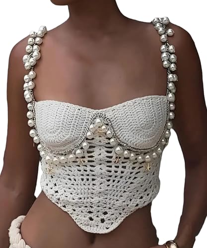 Women's Sexy Pearl Crochet Crop Tops Hollow Out Strapless Cami Summer Beach Halter