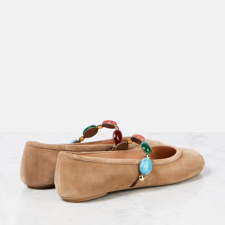 Suede Ballet Flats Round Toe Mary Jane Shoes Elegant Rhinestone Ballerina Shoes Summer Comfort Work Flats3