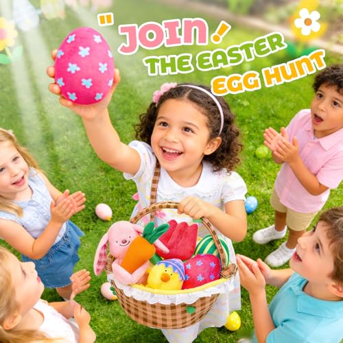 Image of JoyCat Baby Easter Basket, Easter Gifts for Baby Girl Boys Toddlers Kids, 6 PCS Plush Sensory Playset with Bunny Chick Egg Carrot Tulip Toys, Rattle, Squeaker & Crinkle Plush Toys, Easter Egg Hunt