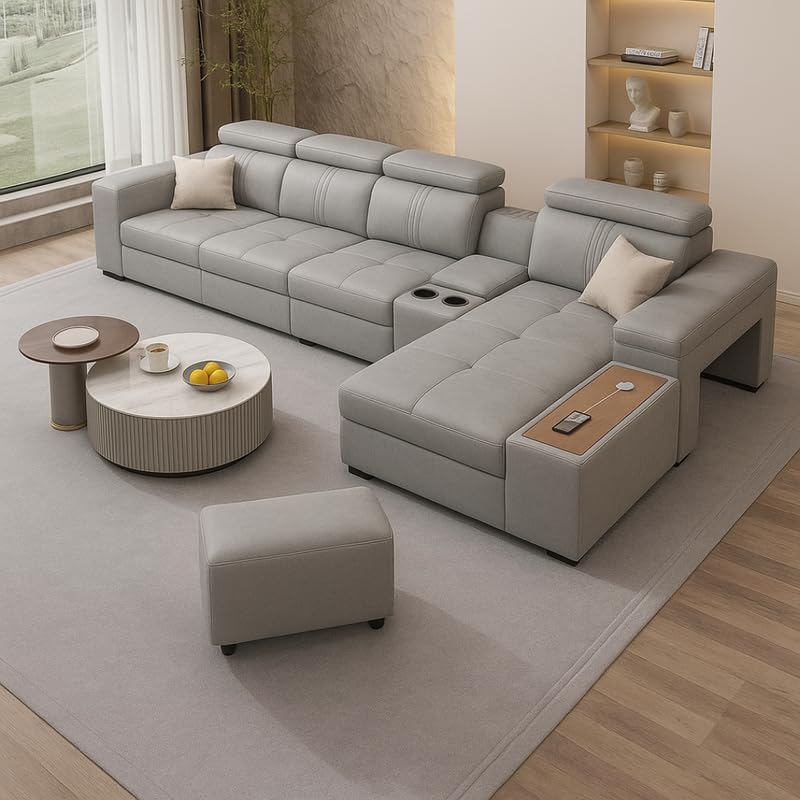 Image of Homax. Nimra Smart L-Shape 7-Seater Sectional Sofa Set with Console, Cup Holders, Charging Station & 2 Ottomans - Premium Leatherette Finish - Grey Color Orientation LHS
