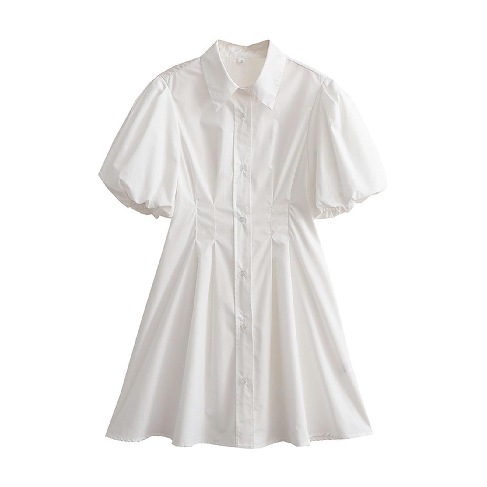 Robe-chemise blanche en popeline premium à manches bouffantes