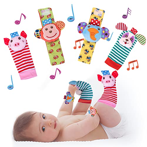 Image of 4pcs Soft Baby Wrist Rattle Foot Finder Socks Set Cartoon Socks for Babies Animal Plush Stuffed Infant Toys Baby Shower Birth Gift for Newborn Boy Girl 0-6 6-12 Months 0-3 Years Old