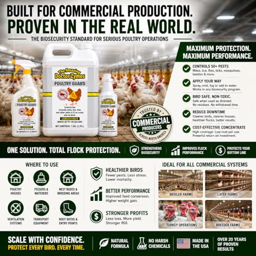 Image of Poultry Guard - Natural Chicken Mite & Lice Treatment - Organic Poultry Parasite Spray & Chicken Coop Cleaner - Safe, Non-Toxic Bug Control for Hens, Coops & Commercial Poultry Farms (2.5 Gallon)