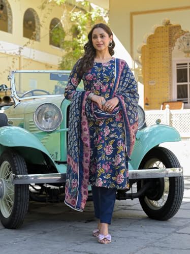Image of FUNKY RICH Women's Cotton Straight Kurta Pant with V Neck Floral Printed Pattern 3 /4th Sleeves Calf Length Regular Fit and Dupatta Set | Womans Cotton Kurta Pant Set