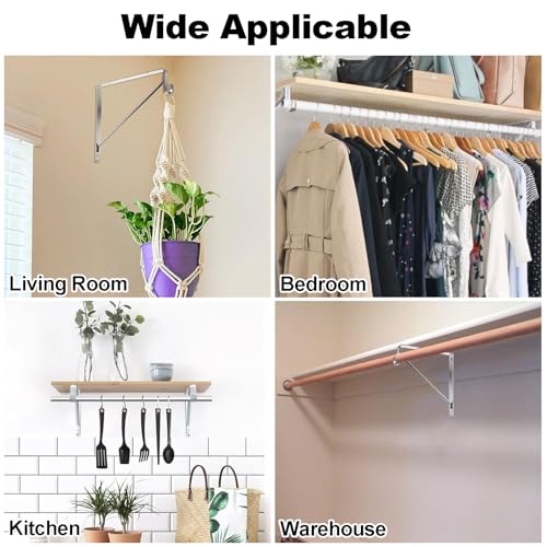 JMIATRY 6PCS 11 x 11 Inch Closet Shelf Brackets with Rod Holder Closet Rod Brackets Polished Chrome Heavy Duty Closet Support Bracket with Rod Holder Closet Hanger (Hook Fitting 1.5IN Dia\' Rod)