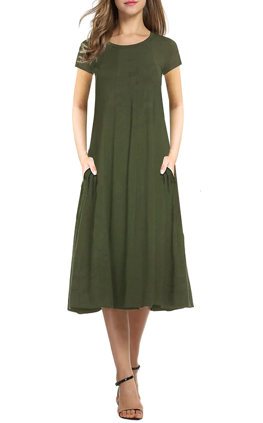 Necooer Women's Casual Loose Plain Pleated Long Dress Short Sleeve Midi Dresses