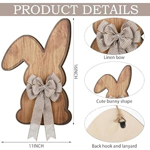 Happy Easter Front Door Hanging with Bow Rustic Easter Bunny Door Decor Sign Easter Rabbit Shaped Wooden Plaque Hanging Wall Art for Spring Farmhouse Home Indoor Outdoor16x11 Inch