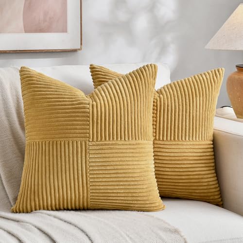 Image of Fancy Homi 2 Packs Mustard Yellow Samll Decorative Throw Pillow Covers 14x14 Inch with for Couch Bed Sofa, Rustic Farmhouse Boho Home Decor, Soft Corss Patchwork Corduroy Square Cushion Case 35x35 cm