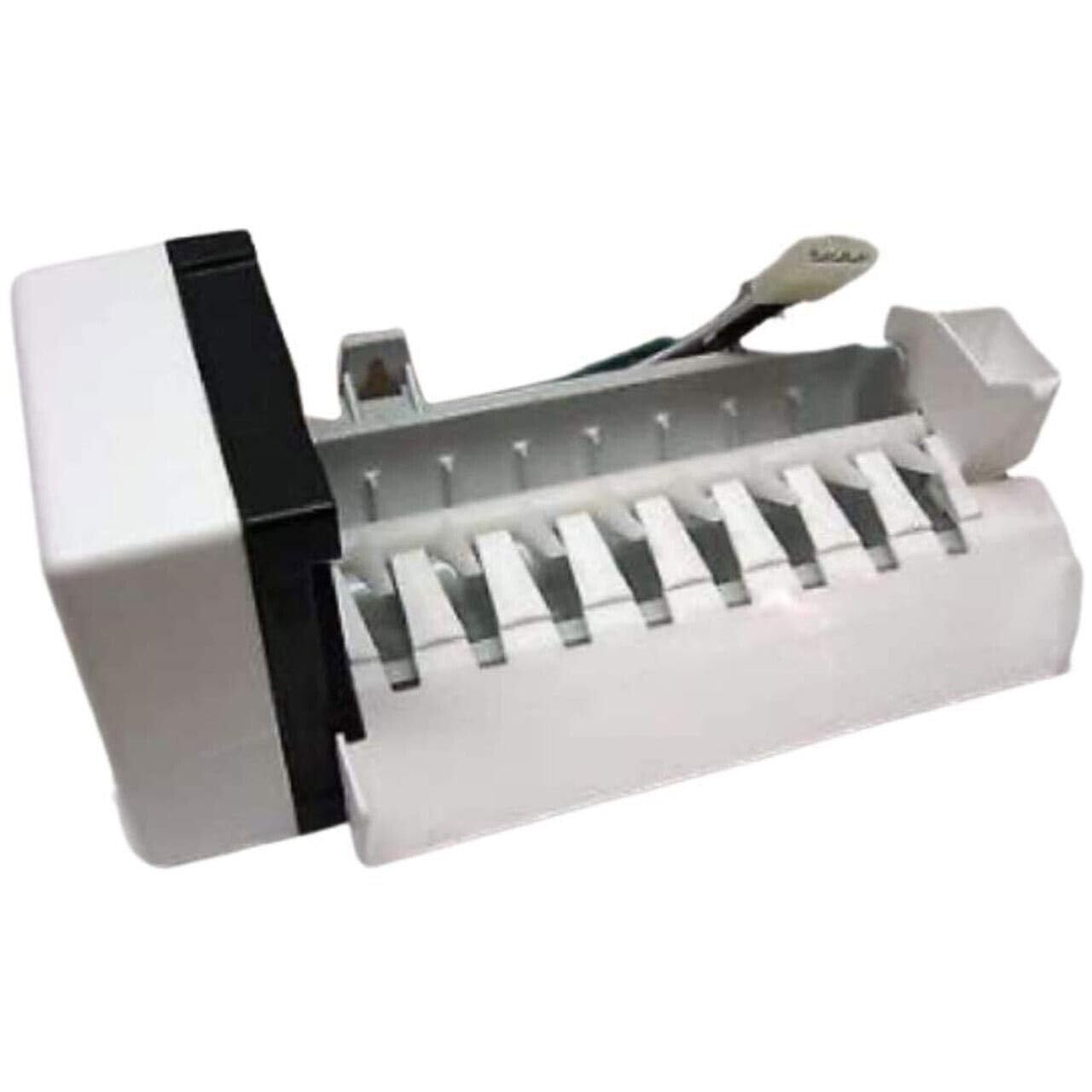 Replacement icemaker for Kenmore refrigerator, showing the white plastic body with ice mold and electrical connector.