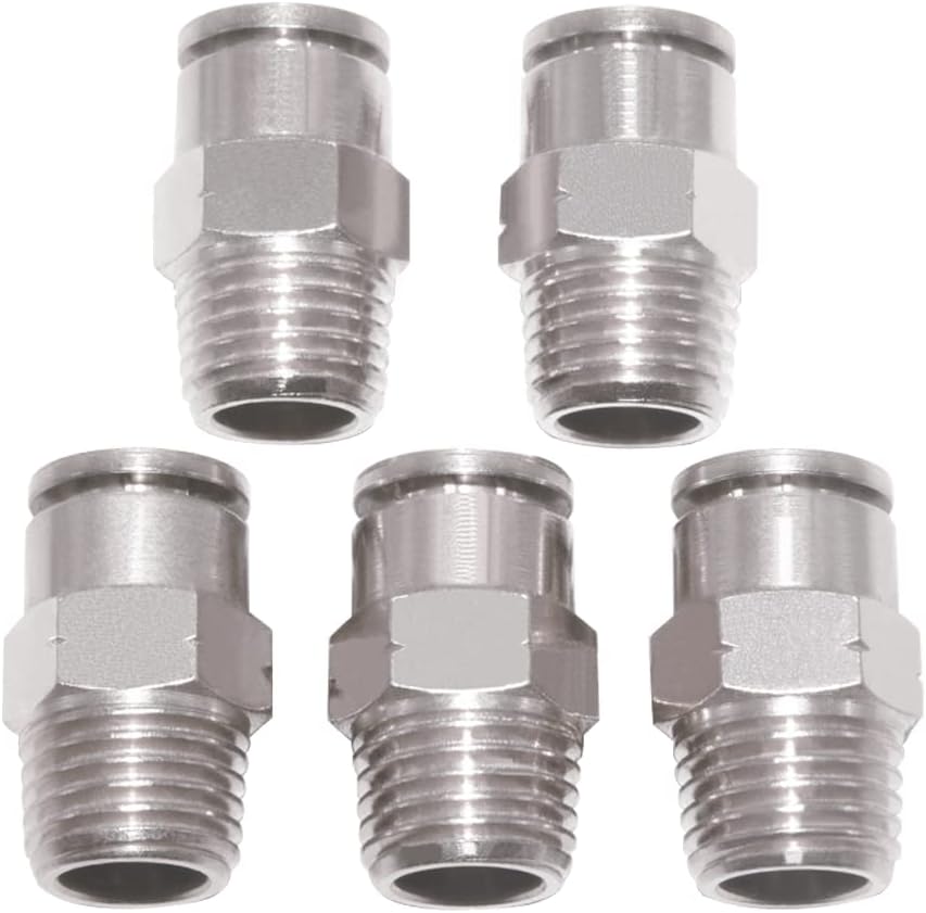 Pneumatic Push To Connect Fittings Heavy Duty Straight 3/8 inch Tube OD x 3/8" NPT Male Thread Nickel Plated Copper PC-3/8-N3 (5Pcs)