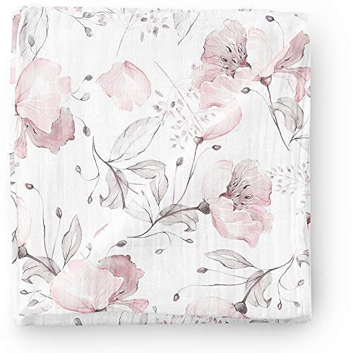 Image of Aenne Baby, Muslin Swaddle Blanket for Girls, Infant Toddler Quilt, Swaddle Wrap for Girls, Luxurious Soft and Silky Stroller Cover, Floral Poppy Pink Blankie, Large 47"x 47", 1 Pack