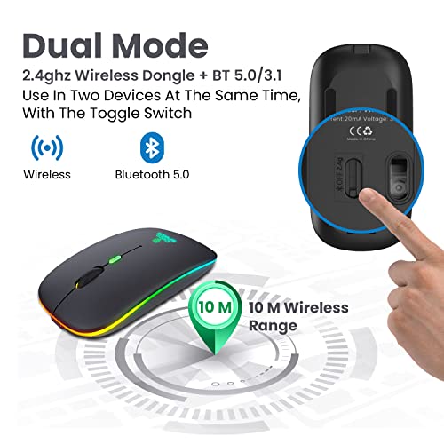 Image of coconut WM20 Lucid 2.4G Wireless + Bluetooth 5.1 Mouse, Slim Rechargeable 500mAh Silent Click RGB LED Wireless Gaming Mouse, Works on 2 Devices simultaneously, Windows /Mac /Android - Black