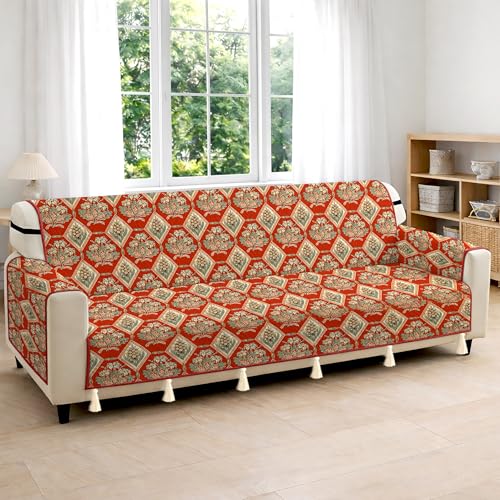 Image of Cloth Fusion 300 GSM Quilted Jaipuri Theme Printed 4 Seater Sofa Cover Mat-Style Fully Covered with Armrest Pockets, Adjustable Straps & Lock Fit (220 cm Seat Run, Diamond Trellis)