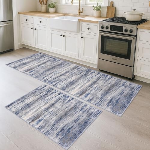 KOZYFLY Modern Abstract Area Rugs 2PCS 2x3 and 2x6 Blue-Grey Machine Washable Runner Rug Non-Slip Living Room Rug, Faux Wool Soft Low Pile Office Carpet for Hallway Entryway Bathroom Bedroom