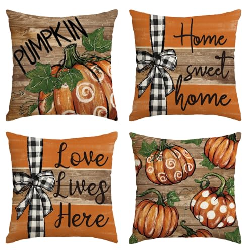 AVOIN colorlife Fall Pumpkin Home Sweet Home Thanksgiving Throw Pillow Covers, 20 x 20 Inch Love Lives Here Autumn Harvest Stripes Polka Dots Give Thanks Decorations for Sofa Couch Set of 4