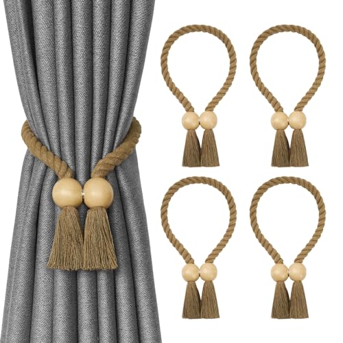 Pretty Jolly 4 Pack Wooden Ball Magnetic Curtain Tiebacks Boho Home Decor Drape Tie Backs Natural Cotton Hand Woven Rope Curtain Holdbacks for Thin & Thick Home & Office Window Draperies (A-Khaki)
