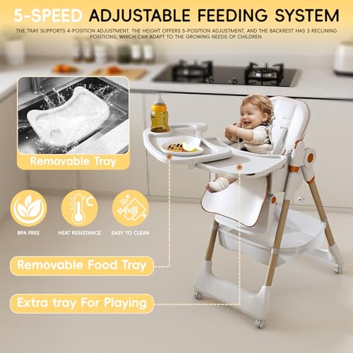 Image of Foldable Baby High Chair with 150 Swing & Recline,Convertible High Chairs for Babies and Toddlers,5 Height Levels,3 Backrest & Footrest Positions,Removable Double Tray,Lockable Wheels (White 1)