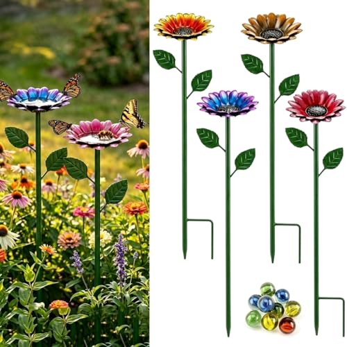 4 Pack Sunflower Flower Bee Watering Station with 20 Glass Beads - Bee Bath for Garden Metal Bee Water Feeder with Flower Design Colorful Outdoor Insect Hydration Station for Attracting Bees