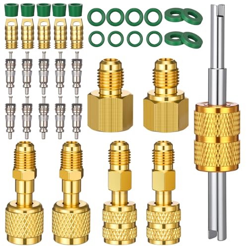 Mudder 35 Pcs R32 R454b A2l R410a R1234yf Adapter Kit for Split 1/4 to 1/4 /5/16 R134a Fitting Adapters 1/2 to 1/4 Straight Adapter with Valve Core Remover Gasket Refrigerant Tank(90 Classic)